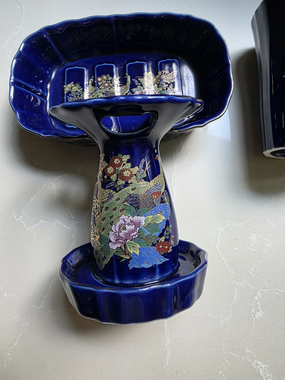 VIntage JAPANESE THREE PEICE Cobalt Blue PEACOCK & Floral Porcelain BATHROOM Set